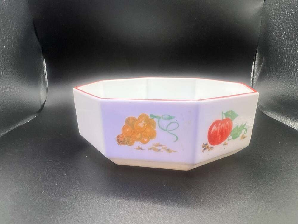 Arcopal France Octagonal Fruit Motif Serving Bowl with Red Rim